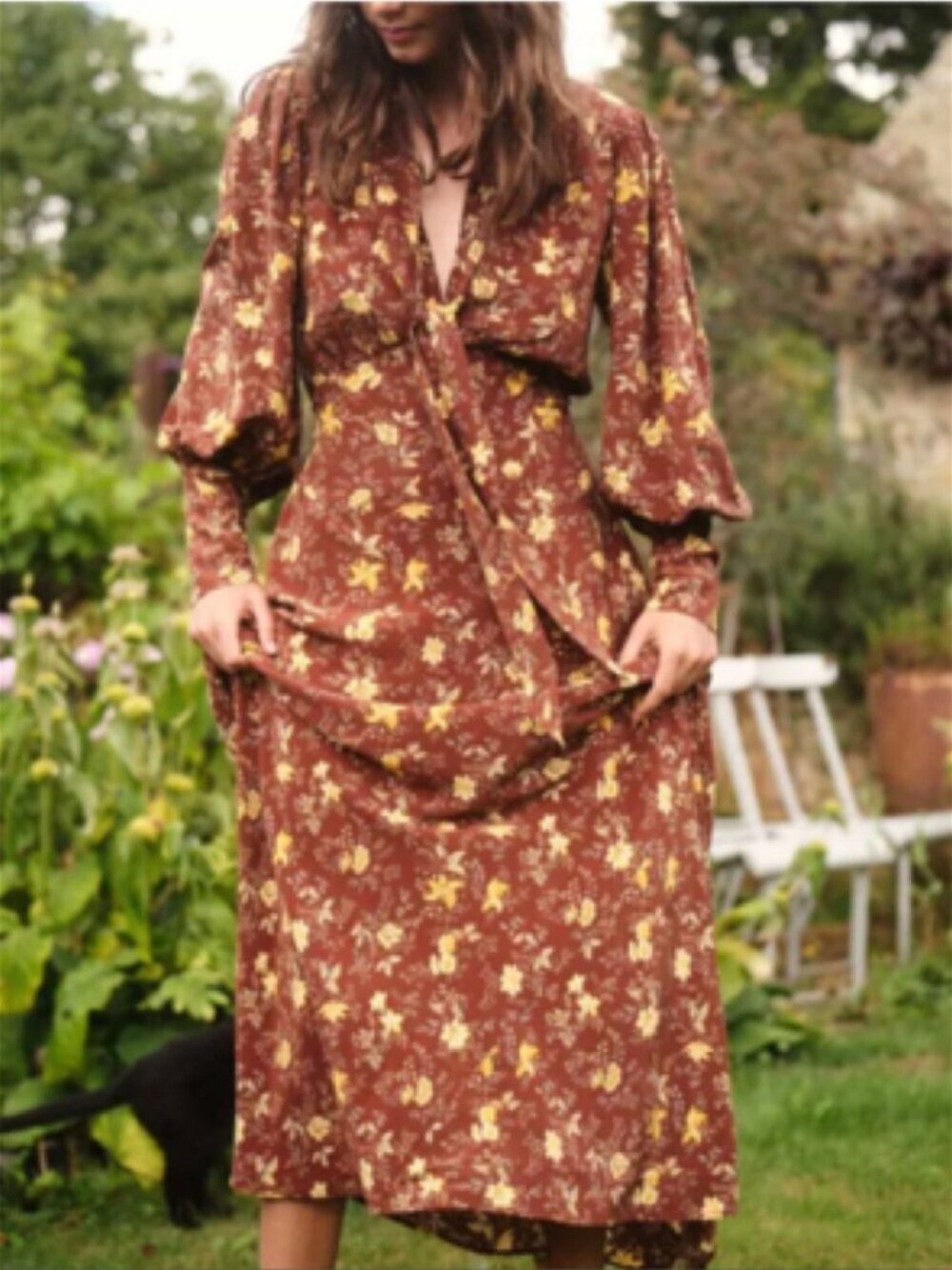 Doen Blossom Silk Floral Brown Midi Dress In Cherrywood Winding Vine XXS